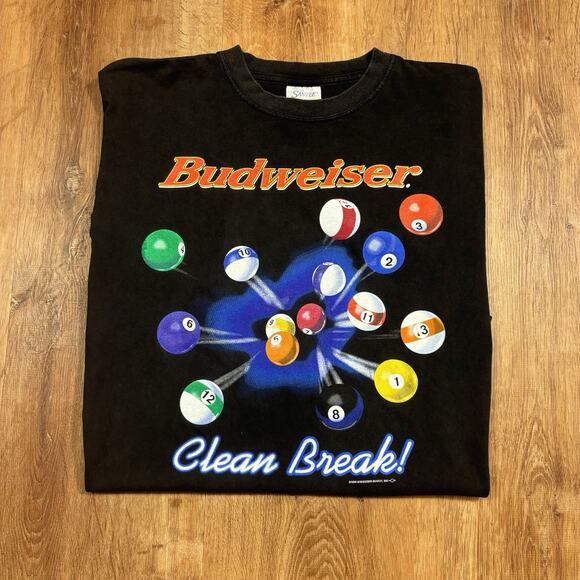 Vintage Budweiser Pool Shirt Mens Large 90s Beer Promo Billiards Faded Black - Picture 1 of 6